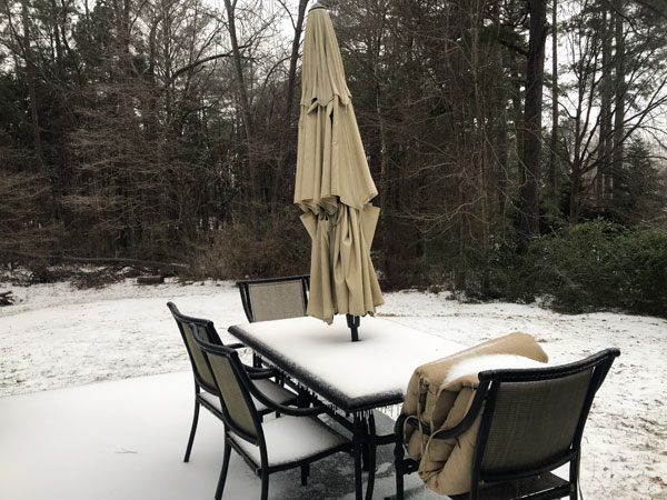outdoor picnic table, covered in snow